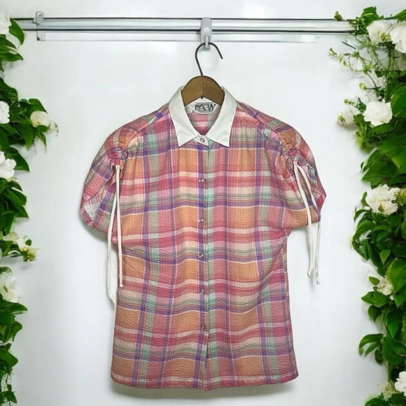 1970s Beeline Fashions Seersucker Plaid Cinched Sleeve Collard Button Uo Blouse - Picture 9 of 9